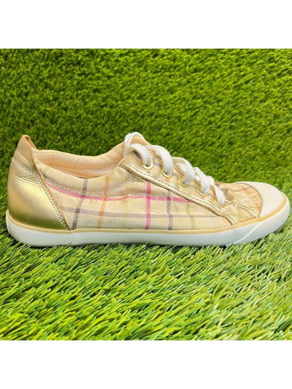 Coach Barrett Tattersall Plaid Women Size 7.5 Cream Gold Athletic Shoes Sneakers